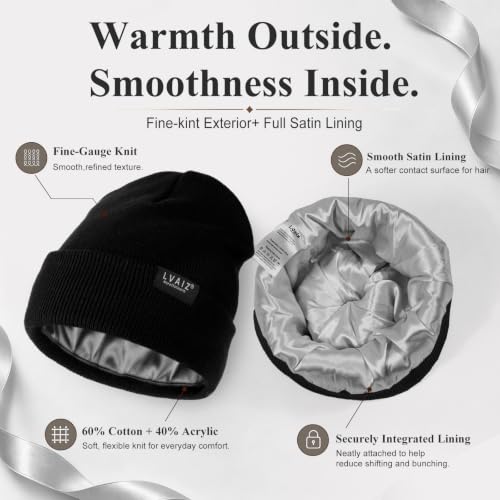 Image of Satin Lined Winter Beanie Hats for Women Unisex Cotton Knitted Cuffed Knit Hat with Silky Lining Slouchy Skull Cap