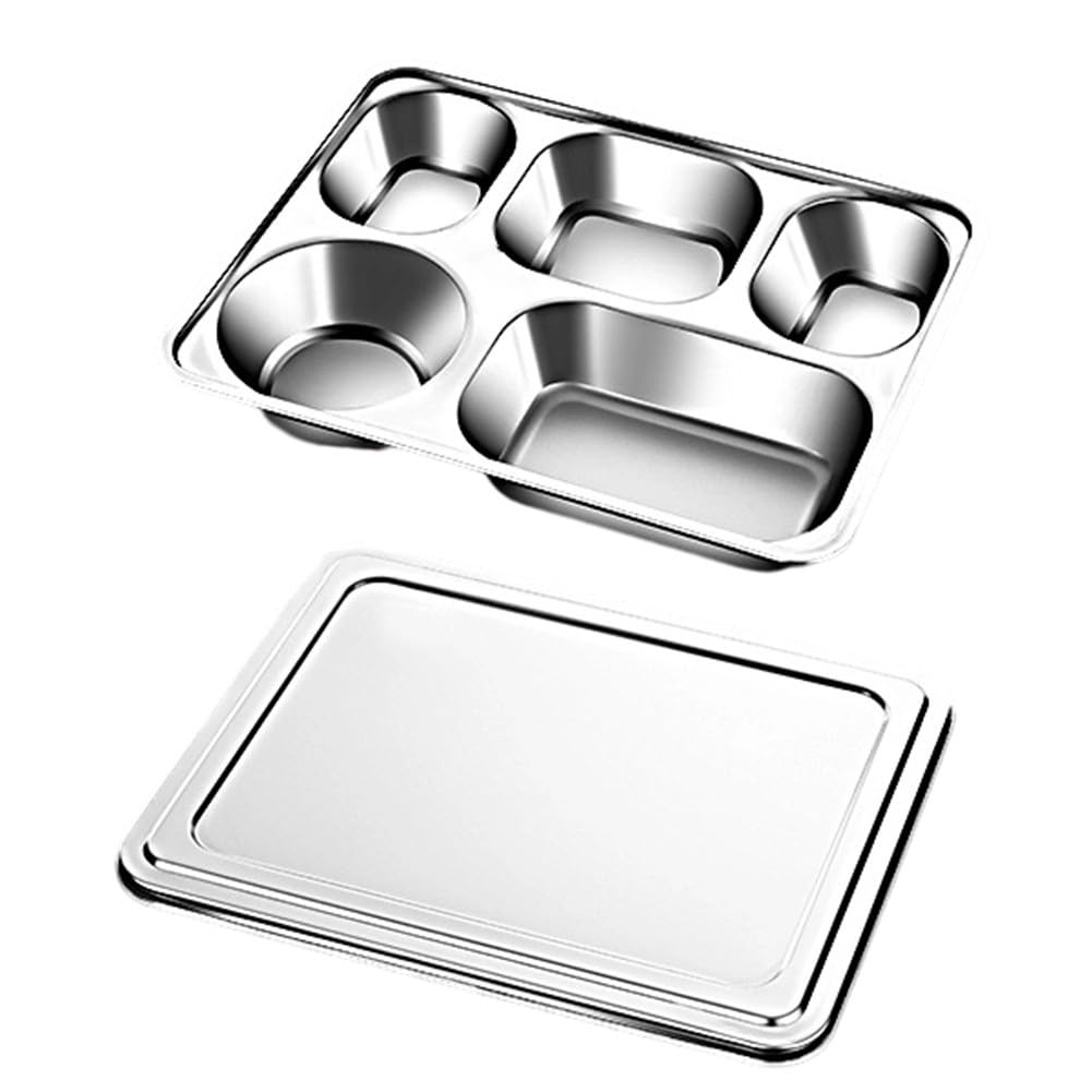 Bandeja de acero inoxidable dividida con tapa, 4/5 compartimentos para adultos, apta para lavavajillas, apilable, bandeja de almuerzo para casa, camping, picnic