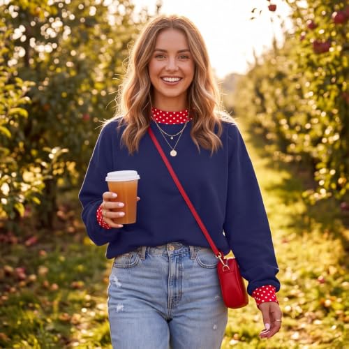 Womens Mock Neck Sweatshirt Scalloped Edge Patchwork Polka Dot Sweatshirt - image 3