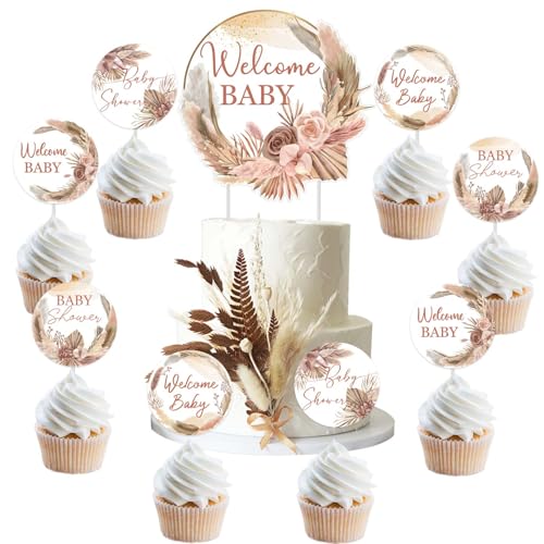Cheereveal 25PCS Boho Baby Shower Cupcake Toppers, Boho Pampas Baby Shower Decorations for Girl, Pampas Grass Cupcake Toppers, Cake Decorations for Boy Girl Birthday Party Decoration