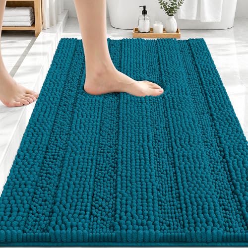 Image of OLANLY Thick Bathroom Rugs 30x20, Extra Soft Absorbent Chenille Striped Bath Rugs, Rubber Backing, Machine Wash Dry, Bath Mats for Bathroom Floor, Tub and Shower, Home Decor Accessories, Peacock Blue