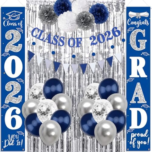 Graduation Decorations 2026 Blue and Silver Graduation Porch Sign Class of 2026 Door Banner Balloons Tissue Paper Pom Fringe Curtains Congrats Grad Party Supplies