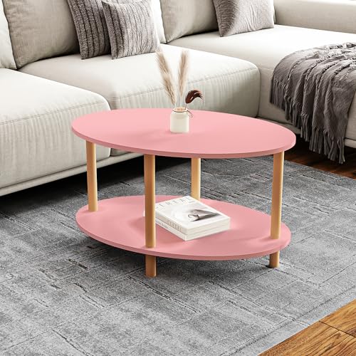 [en.casa] Mesa de Centro Ovalada Højreby con Estante y 4 Patas Mesa Auxiliar Mueble de Salón Oficina Aglomerado/Madera de Haya 43 x 70 x 44 cm - Rosa