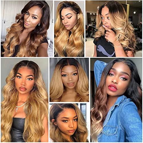 Shining Girl 12A Ombre Body Wave Bundles With Closure Brazilian Virgin Remy 100% Human Hair Ombre 3 Tone T1B/4/27 Color Body Wave Human Hair Extensions 3 Bundles With 4X4 Lace Closure Free Part (14 16 18+12, 1B#/4#/27#) #TOP5
