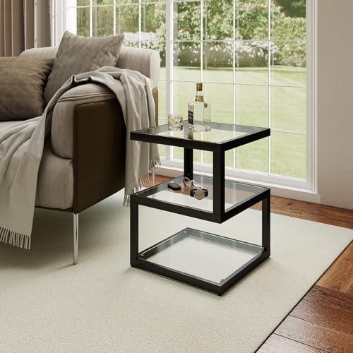 Permory 3-Tier Tempered Glass Side Table with Metal Frame, USB Port and Dimmable Blue LED Light Strip for Living Room & Bedroom 15.7" x 15.7" x 19.7" (Square) by Permory - Image 2