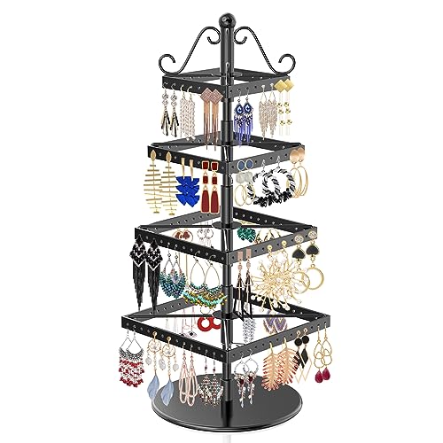 MODOWEY 4 Tier Metal Rotating Earring Holder Organizer Tree Spinning Display Stand Rack, 112 Holes Adjustable Large Storage for Women Girl Stud Dangle Hoop, Find Earrings Easily(Square, Black)
