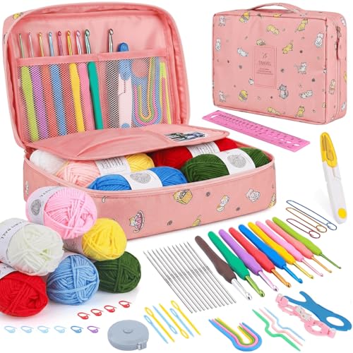 Crochet Kit for Beginners Adults NAWOKEENY Knitting Starter Kit Crochet Starter Kit with Case Crochet Hook Set with Crochet Yarn and Crochet Accessories Beginner Crochets Yarn Kits (Pink Cat)