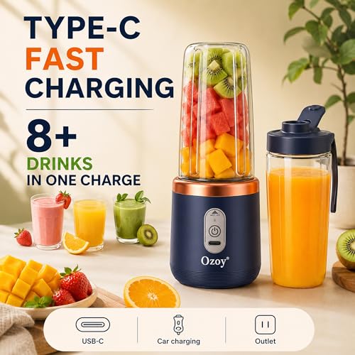 Image of Juicer for Home ^ CITRODA Juicer Mixer Grinder with 1500mAh Battery, 6 Blades 3Gears Fast Blending, 2-Jar Capacity (400ml*2) | 40 Watts Bullet Rechargeable Portable Personal Juicer (Navyblue)