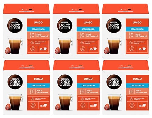 NESCAFE DOLCE GUSTO Lungo Decaffeinated Coffee Pods (Pack of 6 Total 96 Decaf Capsules)