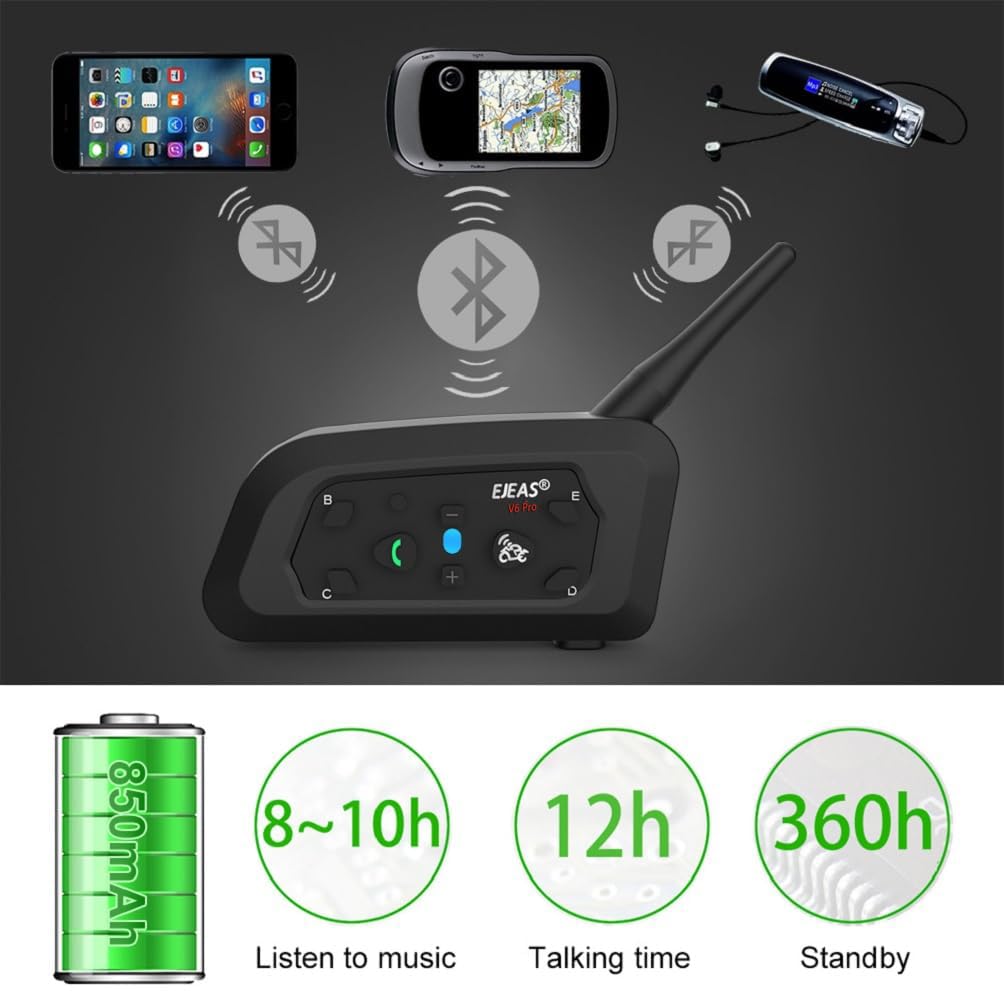 V6 Pro interphone Moto imperméable casque Bluetooth pour moto, Ski, Vélo, automobile (1200 m/MP3/GPS/Duplex complet/240H en attente/Communication Entre 6 personnes)