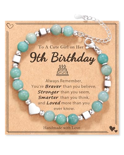 Shonyin 8-10 Year Old Birthday Gift, Natural Stone Heart Bracelet for Her Daughter Granddaughter Niece