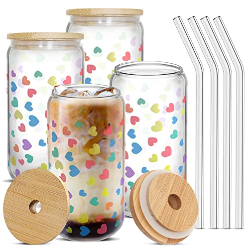 Domerry Set Of 4 - Heart Color Changing 16Oz Soda Can Glass With Bamboo Lid And Glass Straw - Color Changing Cups With Heart Design - Iced Coffee Glasses - Iced Tea Glasses - Tumbler #TOP27