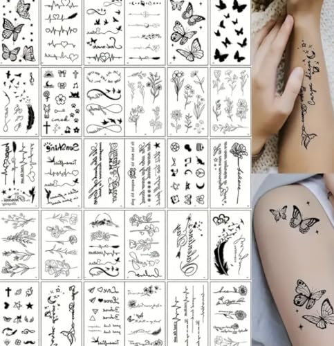 30 Sheets Fine Line Temporary Tattoos - Realistic Removable Body Art Words Patterns Flowers Botanical Leaves - 100s of Festival Tattoos