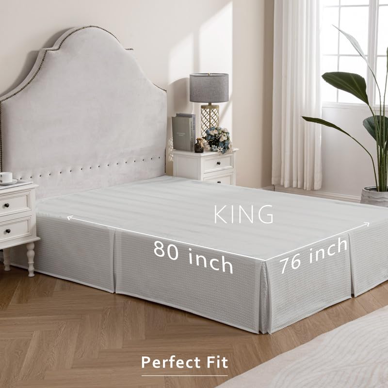 Image of MIYE Pleated Waffle Weave Bed Skirt, Tailored Dust Ruffle 14 Inch Drop Easy Fit, Machine Washable (Light Grey, King - 14 inch Drop)