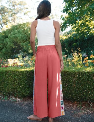 Image of TARSE Womens Wide Leg Linen Pants Summer Casual Drawstring Loose Lounge Palazzo Crochet Panel Pant with Pocket