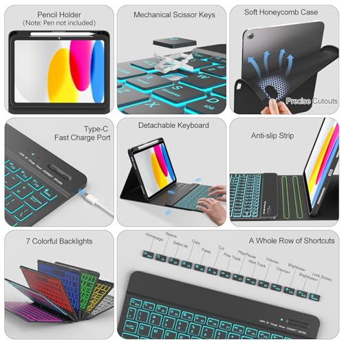 Image of COO 7 Color Backlit Keyboard Case for iPad 11th A16 /10th Gen | 7-Color Backlit Detachable Bluetooth Keyboard, Pencil Holder, Auto Wake /Sleep, 3 Angles, PU TPU Cover, Black