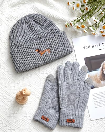 Geyoga Dackel Motiv Geschenke für Frauen Mütze Handschuh Sets Warme Strickmütze Winter Beanie Mütze Strickhandschuhe Fleecehandschuhe Geschenk für Hundebesitzer(Grau,Dackel)