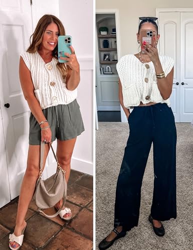 Womens Casual Chunky Knit Vest Gold Button Down Crop Crochet Sleeveless Sweater Vest4