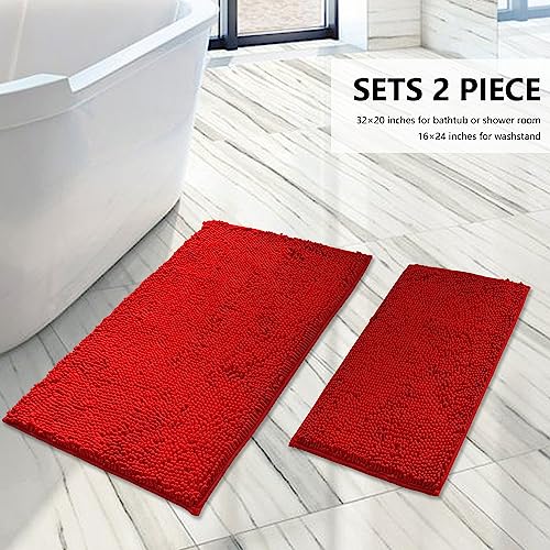 Image of BOANKODU Bathroom Rugs Sets 2 Piece, Extra Soft Chenille Bath Mat Absorbent Bathroom Rug, Bathroom Mat with Sturdy PVC Non-Slip Bottom, Machine Washable Bath Rugs (32x20 Inch + 24x16 Inch, Red)