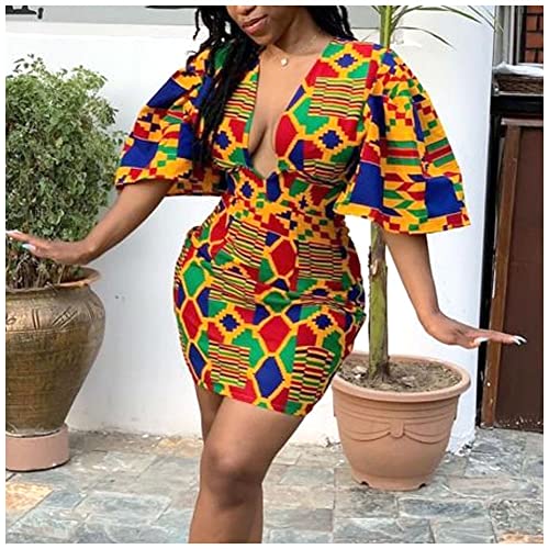 Image of Women Boho African Floral Print Pleated Short Midi Dress Multi-Way Dress for Casual Rave Club Party