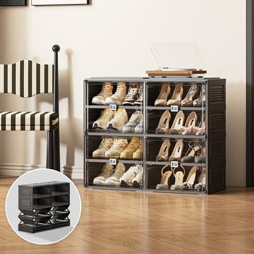 Image of Vipbox Black Shoe Rack Organizer Cabinet for Closet Entryway,Clear Shoe Storage Boxes Stackable Sneaker Storage with Door Easy Assembly Shoe Cabinet with Lids Large 4 Tiers 16 Pairs
