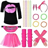 Herefun 80er Kleidung Damen Set, Kostüm Damen Accessoires, 80er Jahre Outfit Damen, Stirnband Halskette Armband Ohrring Netzgarnrock Beinstulpen Handschuhe für Damen Karneval Kostüm Zubehör