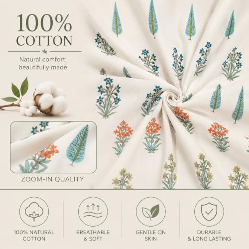 Image of Clasiko Block Print Sheer Door Curtains| 5 Feet | 40% Light Filtering Linen Textured Curtains with Eyelets | Elegant Floral