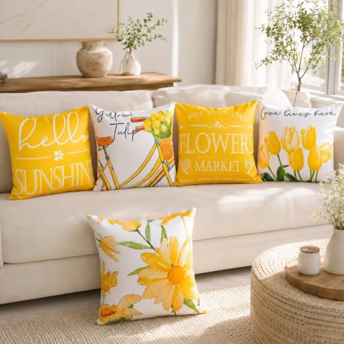 Image of Decorative Satin Sofa Cushion Covers Set of 5, 16 x 16 Inches, Multicolor Floral Printed Pillow Covers for Living Room, Bedroom, Couch & Sofa, Soft Glossy Fabric, Zipper Closure