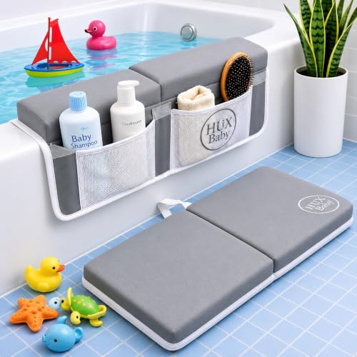 Image of Comfortable Baby Bath Kneeler and Elbow Rest Pad Set, Non-Slip Bathtub Kneeling Pad for Bathing Baby, Bath Tub Cushion Mat, Elbow Pads, Toy Organizer Storage Pockets, Strong Suction Cups