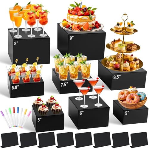 8Pcs Black Acrylic Buffet Risers with Mini Sign and Marker Food Display Risers for Party Catering Dessert Jewelry Acrylic Cube Nesting Boxes with Hollow Bottoms(9 8.5 8 7.5 6.8 6 5 5)