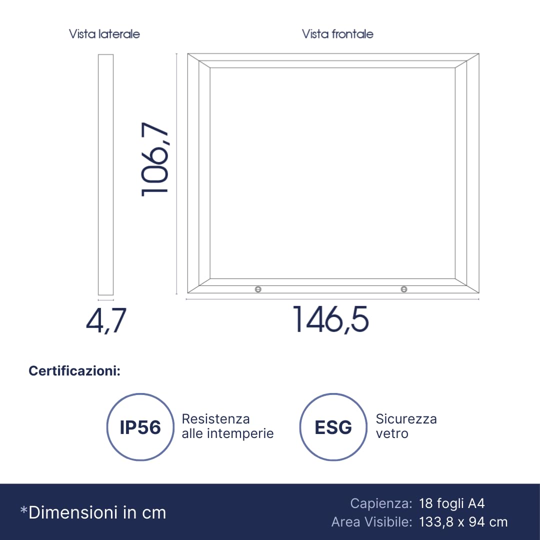 Danieli | Bacheca Certificata per Esterno IP56, Vetro di Sicurezza, Ermetica | Bacheca in Alluminio, Magnetica da Esterno 150x100 con 2 Chiavi | Per Muri e Ringhiere (18xA4)