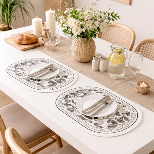 Image of Yelona White Oval Leather Placemats | Vintage Floral Design, Waterproof, Stain Resistant | Stylish Leather Dining Table Mats (Classic Camellia, Pack of 2)