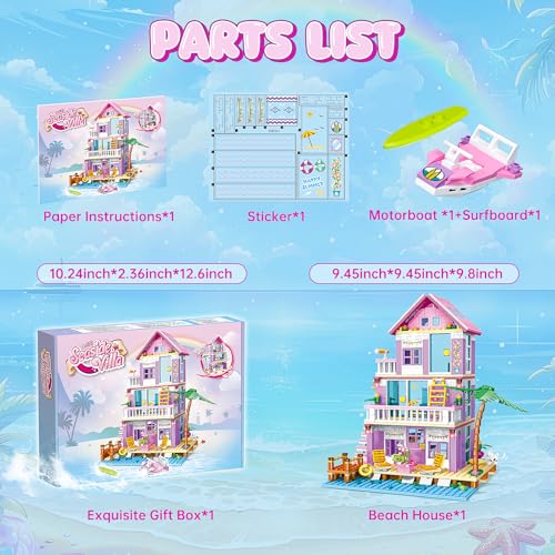 Image of Beach House Building Sets, Seaside Villa House Building Toys Compatible with Lego Friends Sets for Girls Age 8-12, Creative Holiday Cottage Building Kit, Gift for Mother's Day, Birthday Party Favors