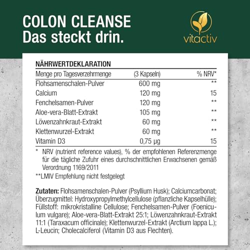VITACTIV Colon Cleanse Ultra - 100 Kapseln, Vegan - Normale Verdauung - Natürliche Ballaststoffe - Flohsamenschalen Kapseln mit Aloe vera, Fenchelsamen, Löwenzahnkraut, Klettenwurzel, Calcium & D3 – Bild 7