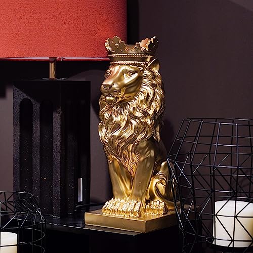 LC LCdecohome Gold Room Décor Lion Statue – 15 Inch Gold Statue Lion Figurine House Decorations with Crown Lion Statues Home Décor Lion Decoration Décor for Living Room 8.5 * 5.5 * 15 Inch