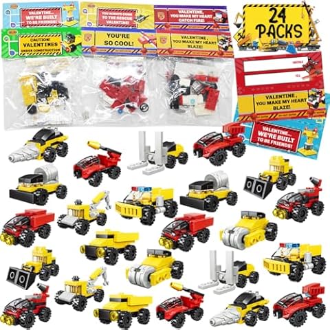 WODMAZ 24 Packs Valentines Day Cards for Kids, City Vehicles Building Blocks with Valentines Day Cards for Boys Girls School Classroom Gift Exchange, Valentines Party Favors Cover