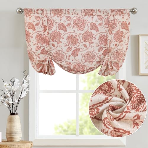 Jinchan JCUSRP2-CLR-4254C03N Tie Up Valance For Windows For Kithcen Living Room Adjustable Tie-Up Shade Linen Textured Medallion Design Jacobean Floral Printed Valance Rod Pocket 1 Panel 54 Inch Terra thumb #1