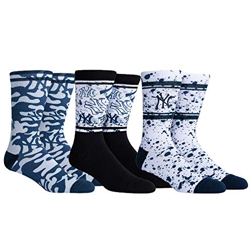 PKWY Unisex 3-Pack Yankees Crew Socks (Large (Men s 6-12 Women s 8-12), Yankees Print)
