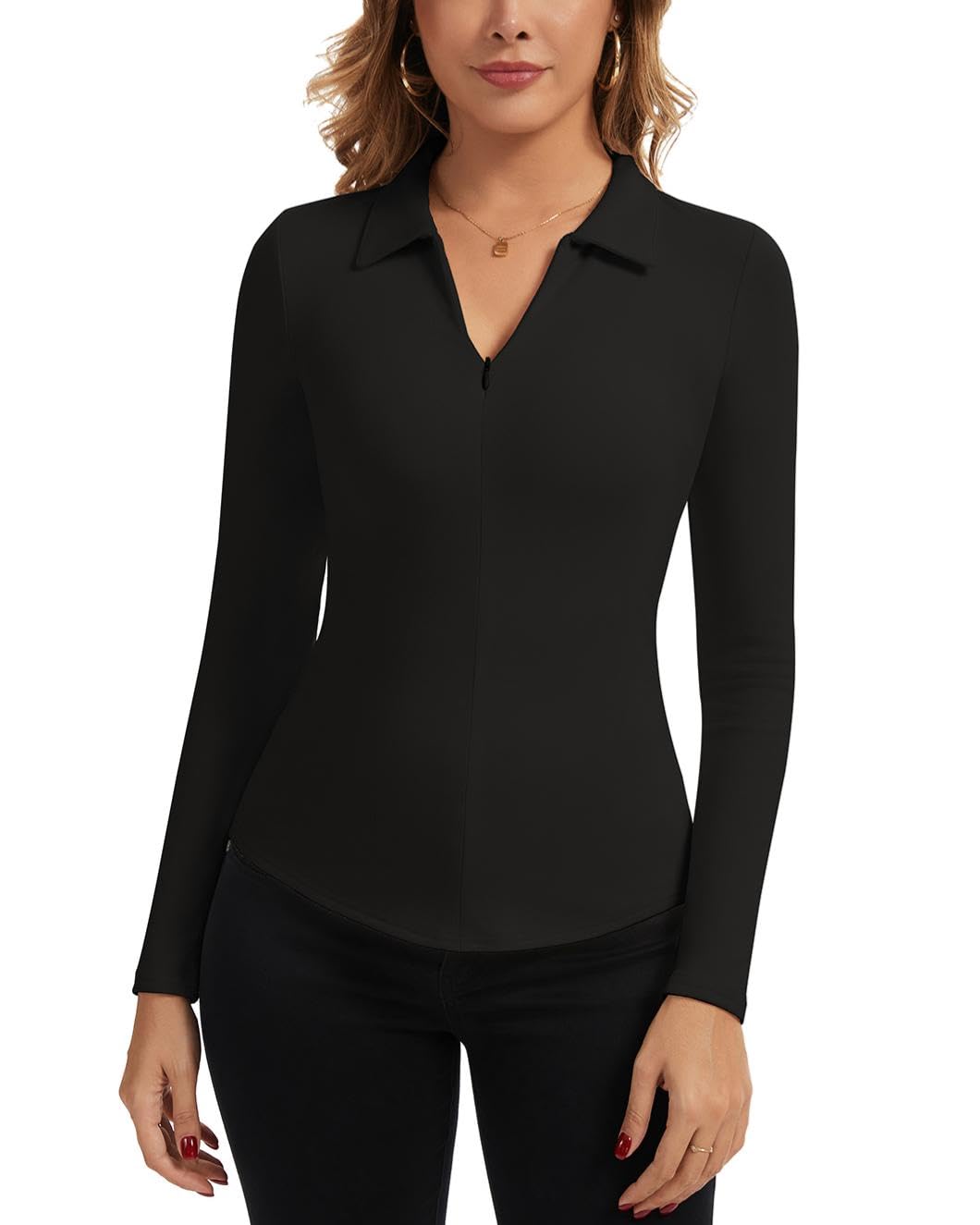 LEYSHE Thermo Poloshirt Damen Langarm V-Ausschnitt mit 1/4 Reißverschluss Polo Pullover Warmes Business Bluse Thermo Oberteil