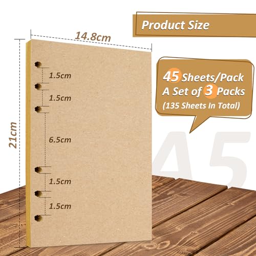 Nachfüllpapier A5 Nachfüllbar 3 Pack Notizpapier 6 Löcher Kraftpapier Nachfüllpapier 135 Blatt Refill Paper Nachfülleinlagen für Agenden Planer Tagebücher Tägliches Tagebuch Skizzen Malen