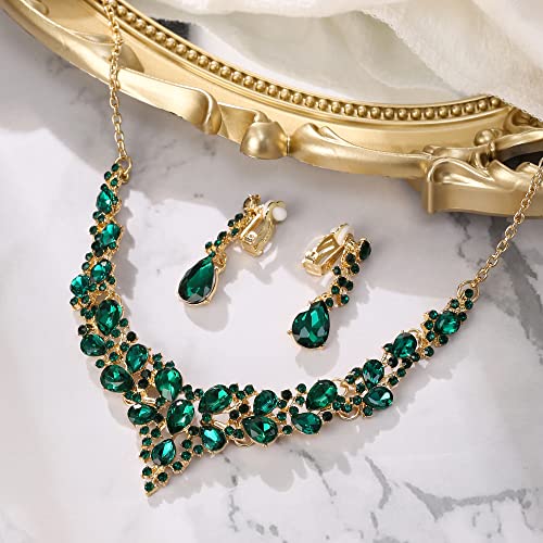 BriLove Alloy Crystal Teardrop Cluster Statement Necklace Clip-on Earrings Set3