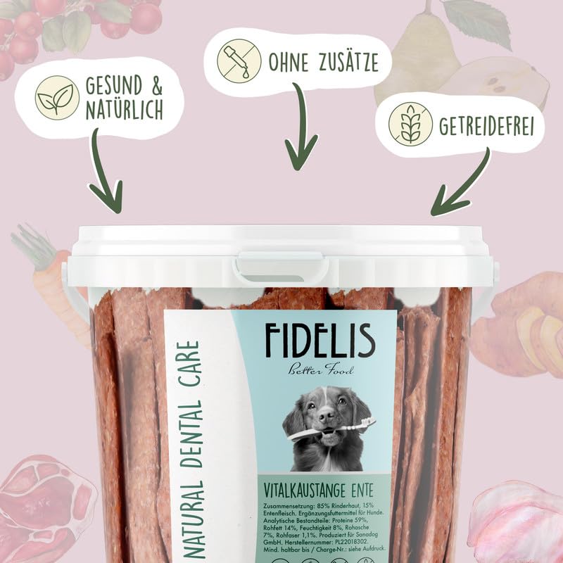 Fidelis - Vitalkaustange Ente - Zahnpflege Snacks für Hunde 500g-Eimer - Luftgetrocknete Leckerlis aus 100% Natürlichen Rohstoffen - Snack zur Zahnhygiene