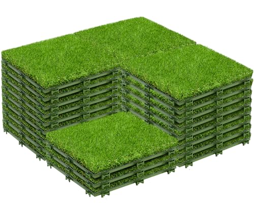 Mapleyard 27 PCS Interlocking Artificial Grass Tiles - 12 x 12 Outdoor Fake Grass Turf Tiles with Drainage Holes Grass Squares Deck Flooring Decor for Balcony Backyard Patio Pet