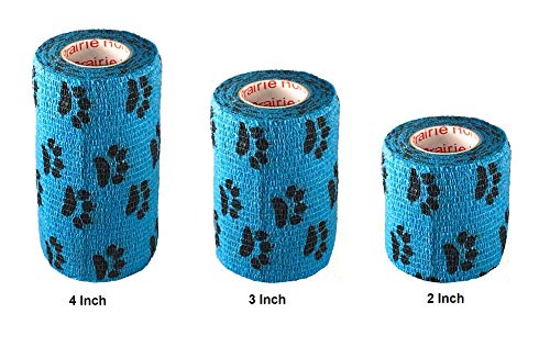Image of Vet Wrap Wrap Tape (Blue with Paw Prints) (2 Pack) (4 Inch x 15 feet) Self Adhesive Adherent Adhering Cohesive Flex Self Stick Bandage Grip Roll Dog Cat Pet Horse