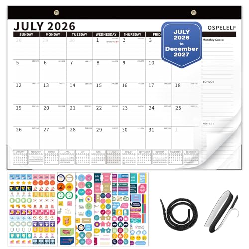 Image of Ospelelf 2026-2027 Calendar Magnetic Desk Wall Desktop Monthly Planner Use July 2026 to December 2027 Large To Do Pad with Plastic Cover for Office 17 inch X 12 inch Black