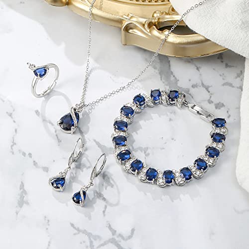 BriLove Jewelry Set for Bride Water Drop Cubic Zirconia Necklace Earrings Bracelet Adjustable Ring Gift for Wedding/Anniversary/Birthday/Christmas Sapphire Color Silver-Tone