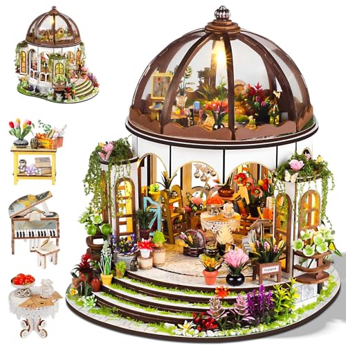 OurMiao Miniature House Kit Hanging Garden, DIY Miniature Dollhouse Kit for Adults with Furniture & LED Lights, Wooden Craft Gifts for Adults Women Teens