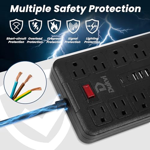 Protector eléctrico DUKVI con 10 tomas espaciadas y 6 puertos USB (2 USB-C), cable de extensión plano de 3 metros, montaje en pared miniatura 6