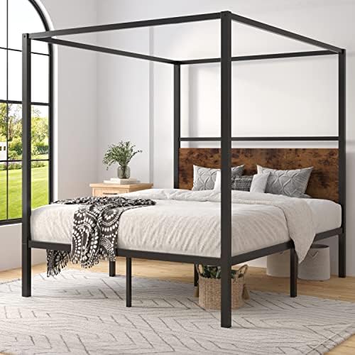 ikalido Full Size Metal Canopy Bed Frame with Wooden Headboard, Classic Design Canopy Bed with 4 Sturdy Posters, Noise Free/No Box Spring Needed/Rustic Brown
