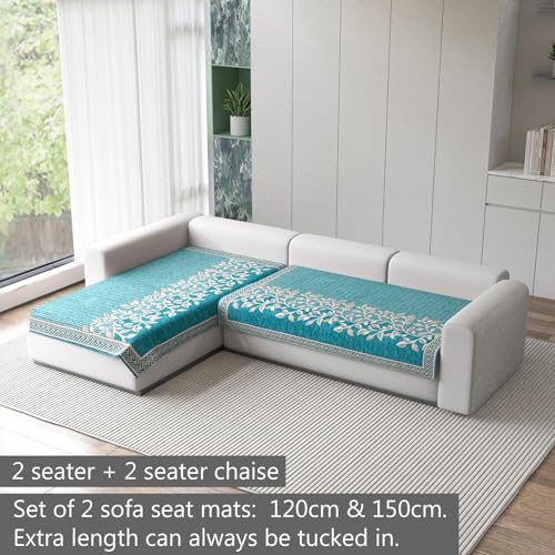 Image of Nendle Superior Velvet Floral Sofa Mat 4 Seater Set Cover Durable Protector for Living Room Sofa Set 2+2, Suitable for L Shape, Sectional and U Shape Sofa (Color Aqua, Pack of 2)